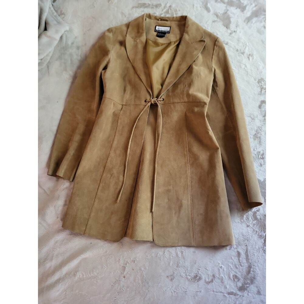 Vtg Wet Seal Coat Womens Large Brown Suede Leather Mid Length Overcoat Tie Waist